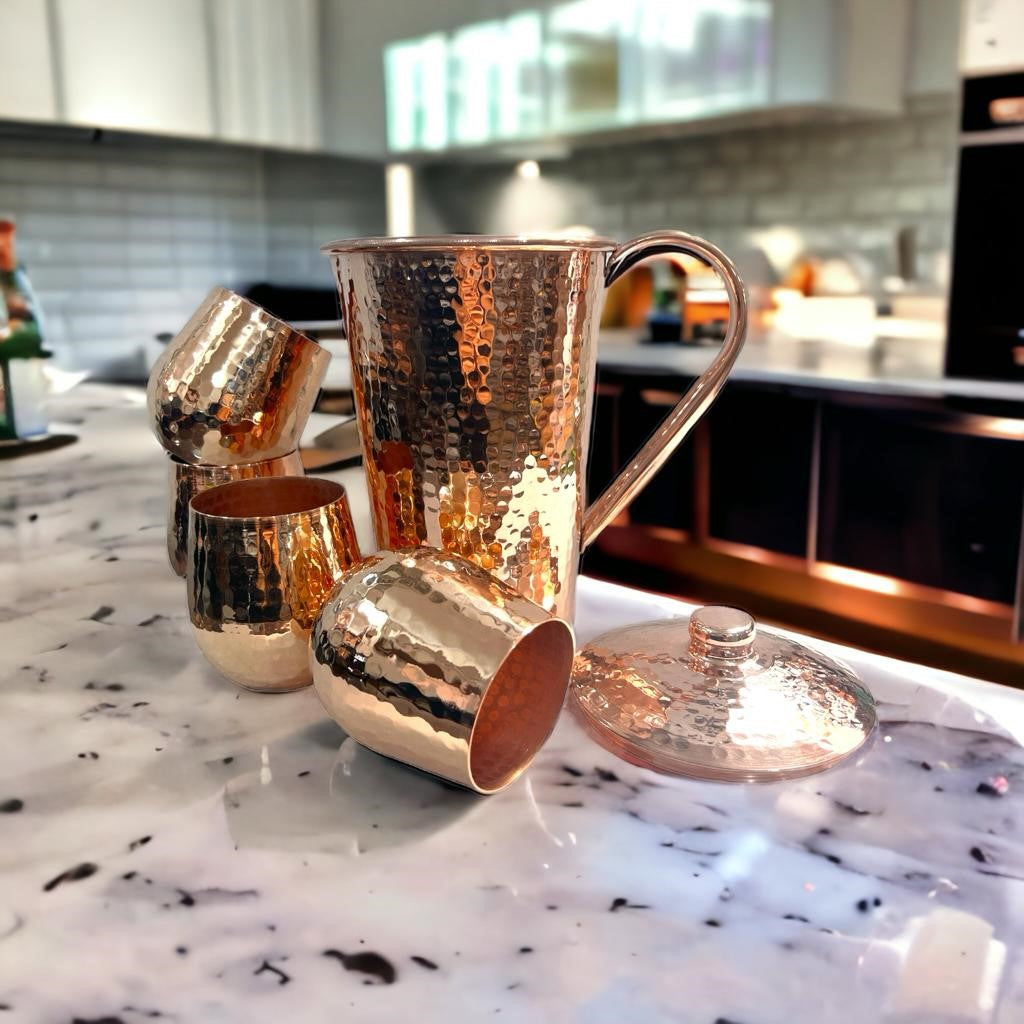 Set of One Copper Pitcher with Top and Four Tumblers, Hammered and Shiny Finish