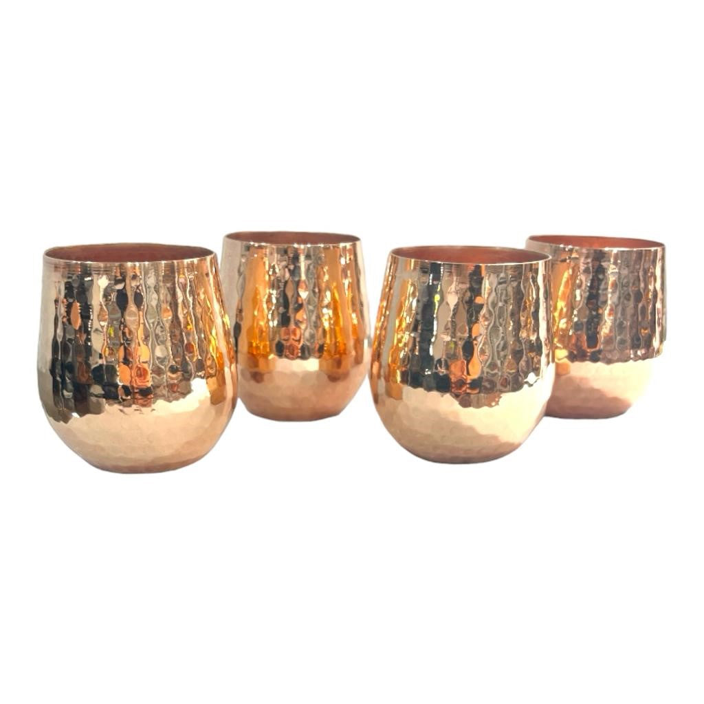 Set of One Copper Pitcher with Top and Four Tumblers, Hammered and Shiny Finish
